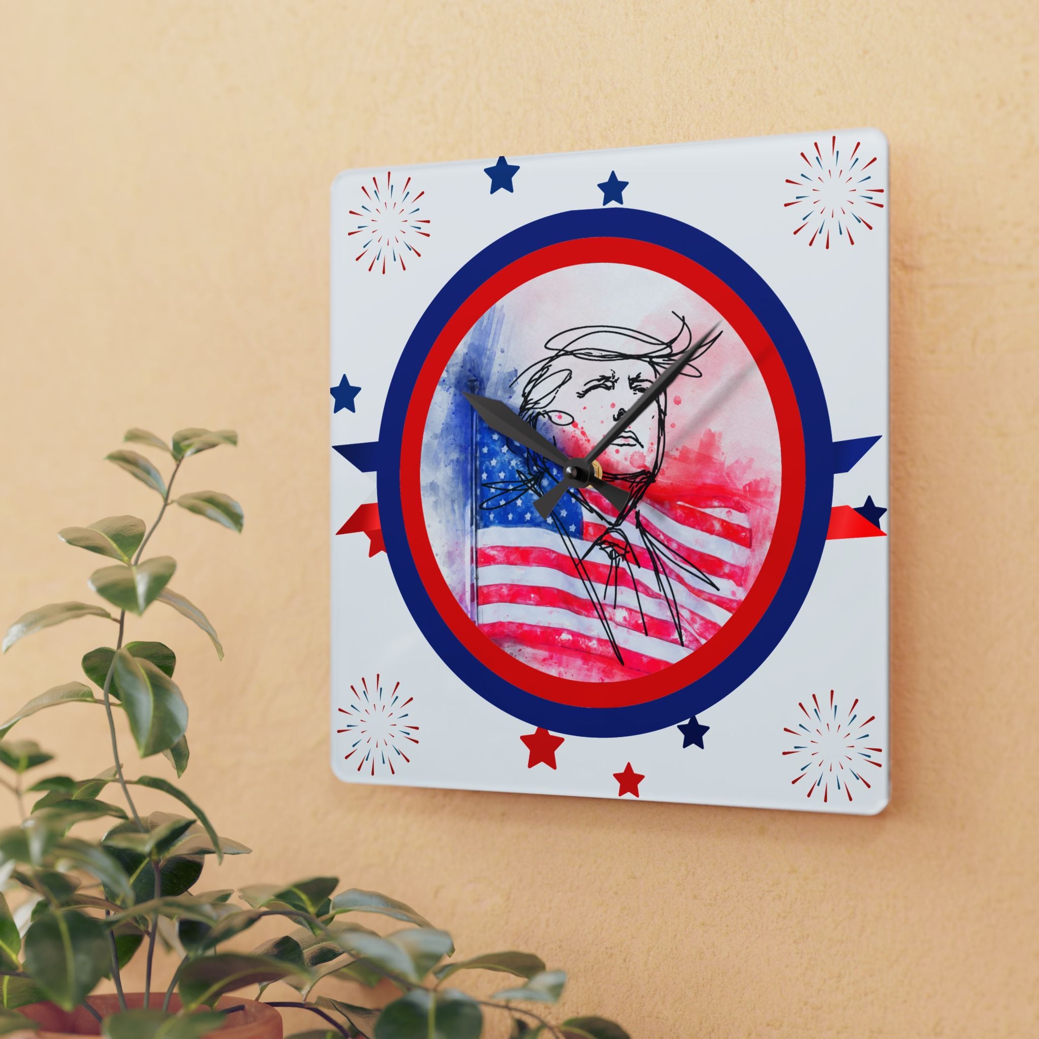 Patriotic Sketch Portrait Acrylic Wall Clock – American Flag Watercolor Clock