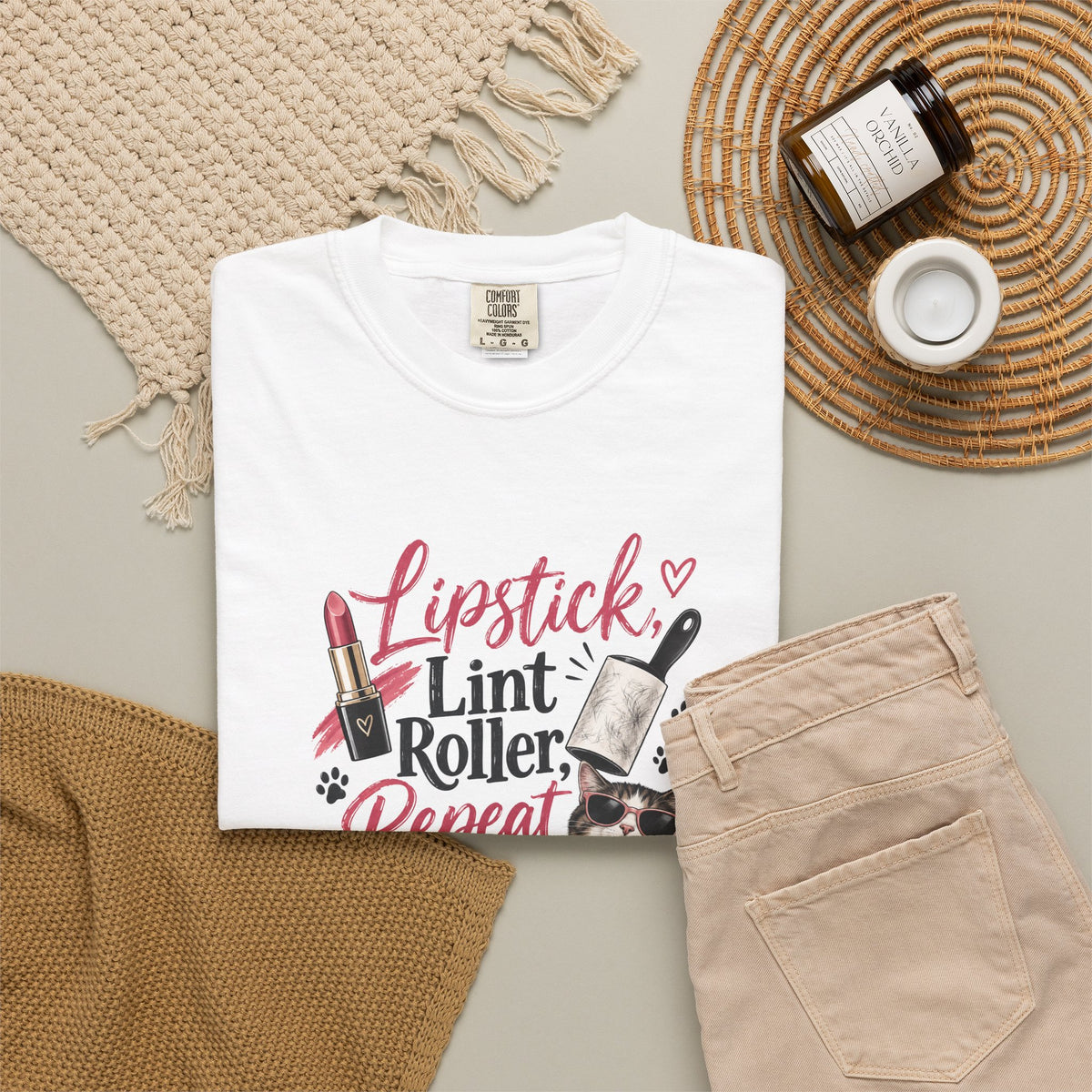 Lipstick, Lint Roller, Repeat Cat Lady Garment-Dyed T-Shirt