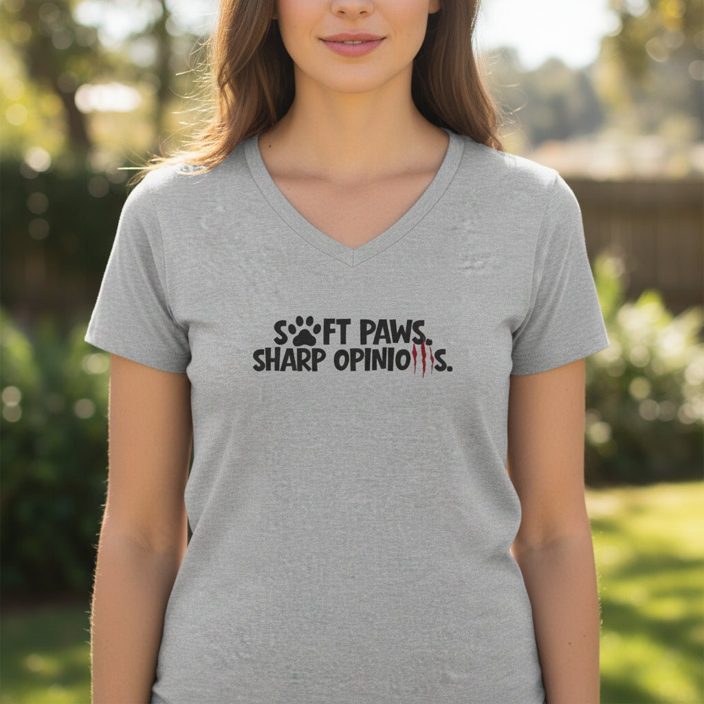 Soft Paws, Sharp Opinions Women’s V-Neck Tee