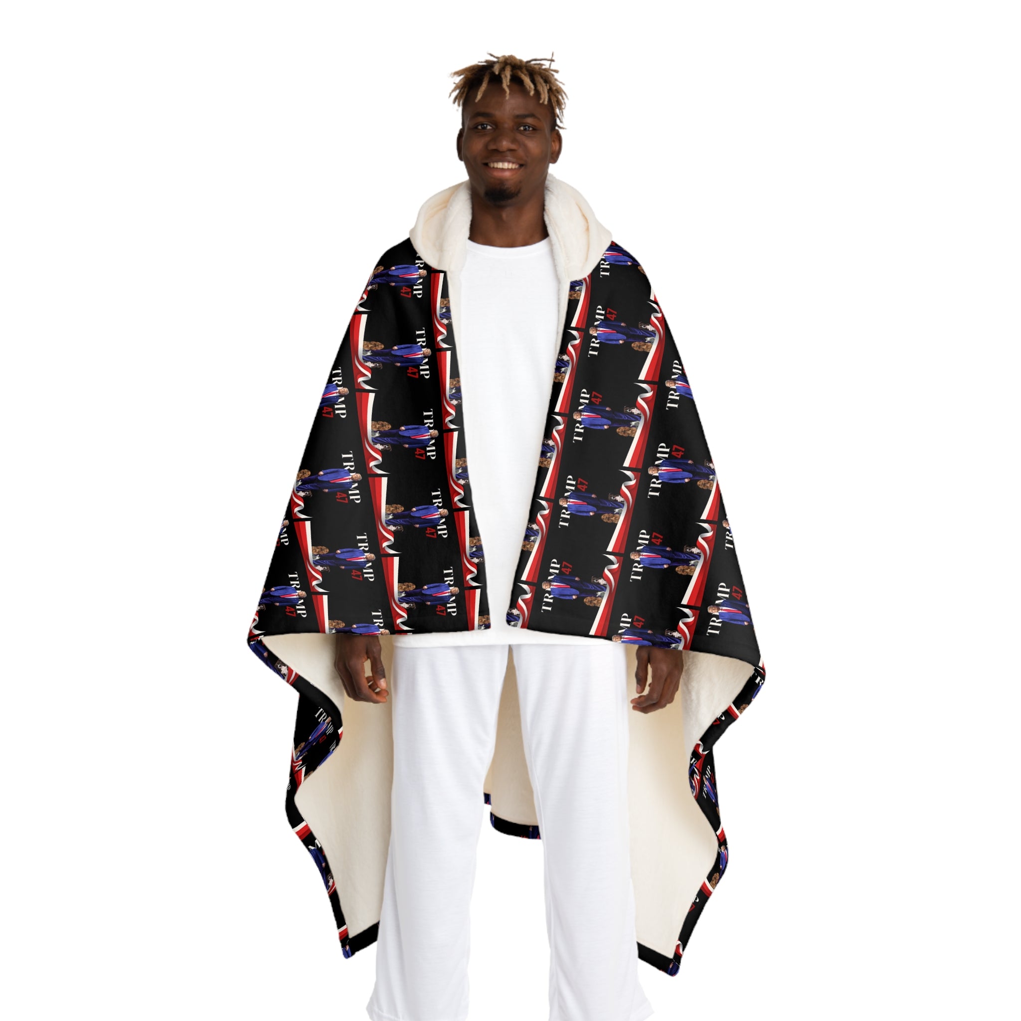 Photo depicting the ​Trump 47 Hooded Sherpa Fleece Blanket from EpiAl's Shop.