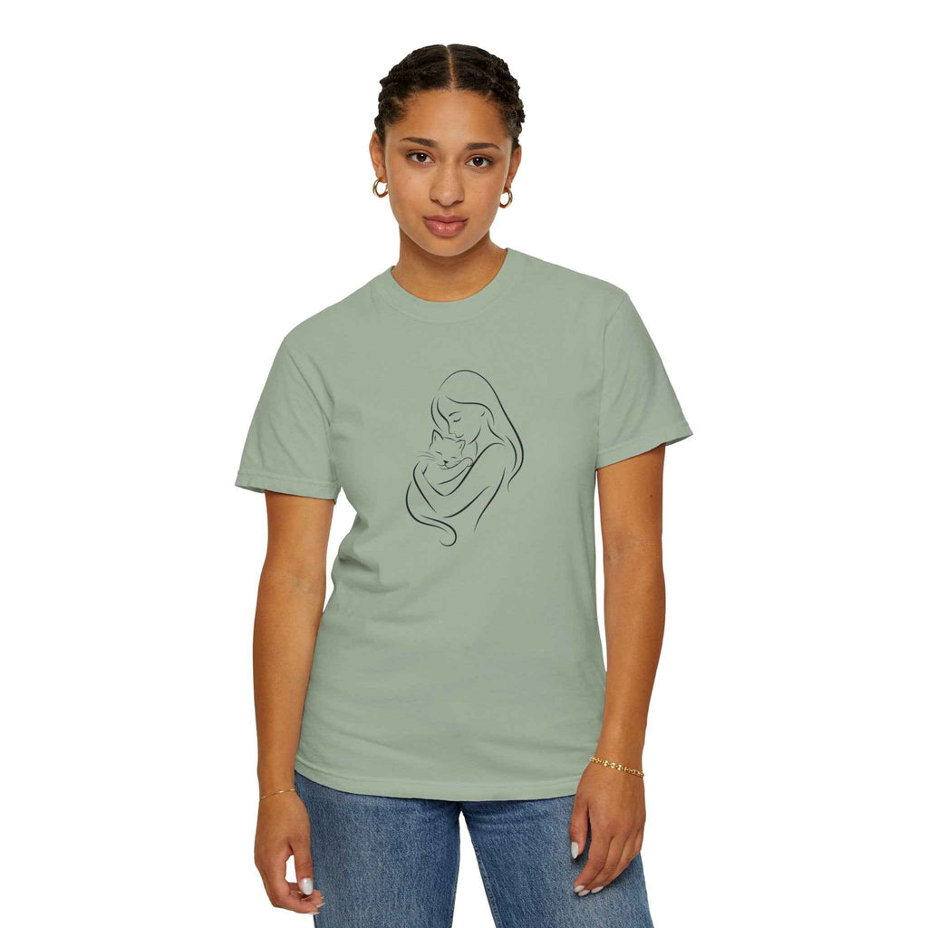 Mother & Cat Embrace T-Shirt | Minimal Line Art Cat Mom Shirt