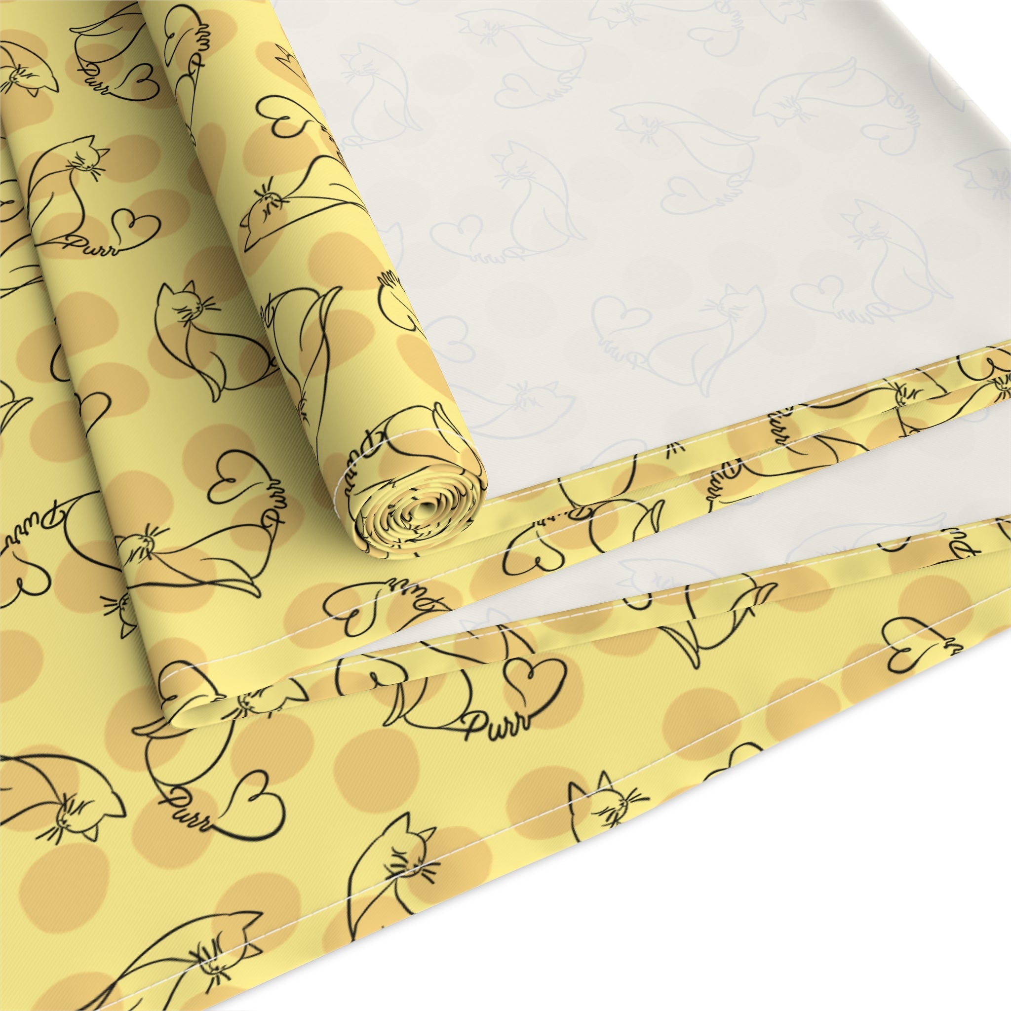 Golden Purr Cat Table Runner – Minimalist Line Art Polka Dot Design