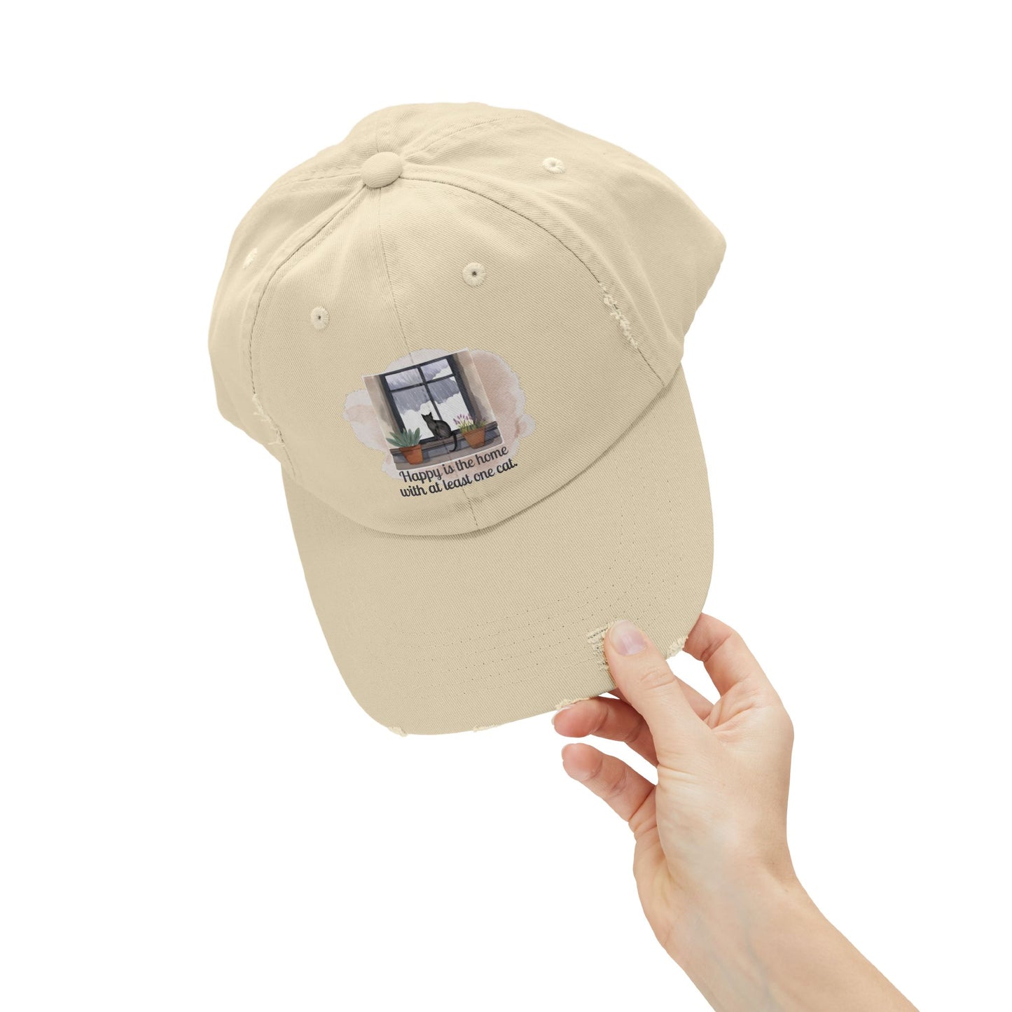 Unisex Distressed Cap - "Happy is the Home with at Least One Cat"