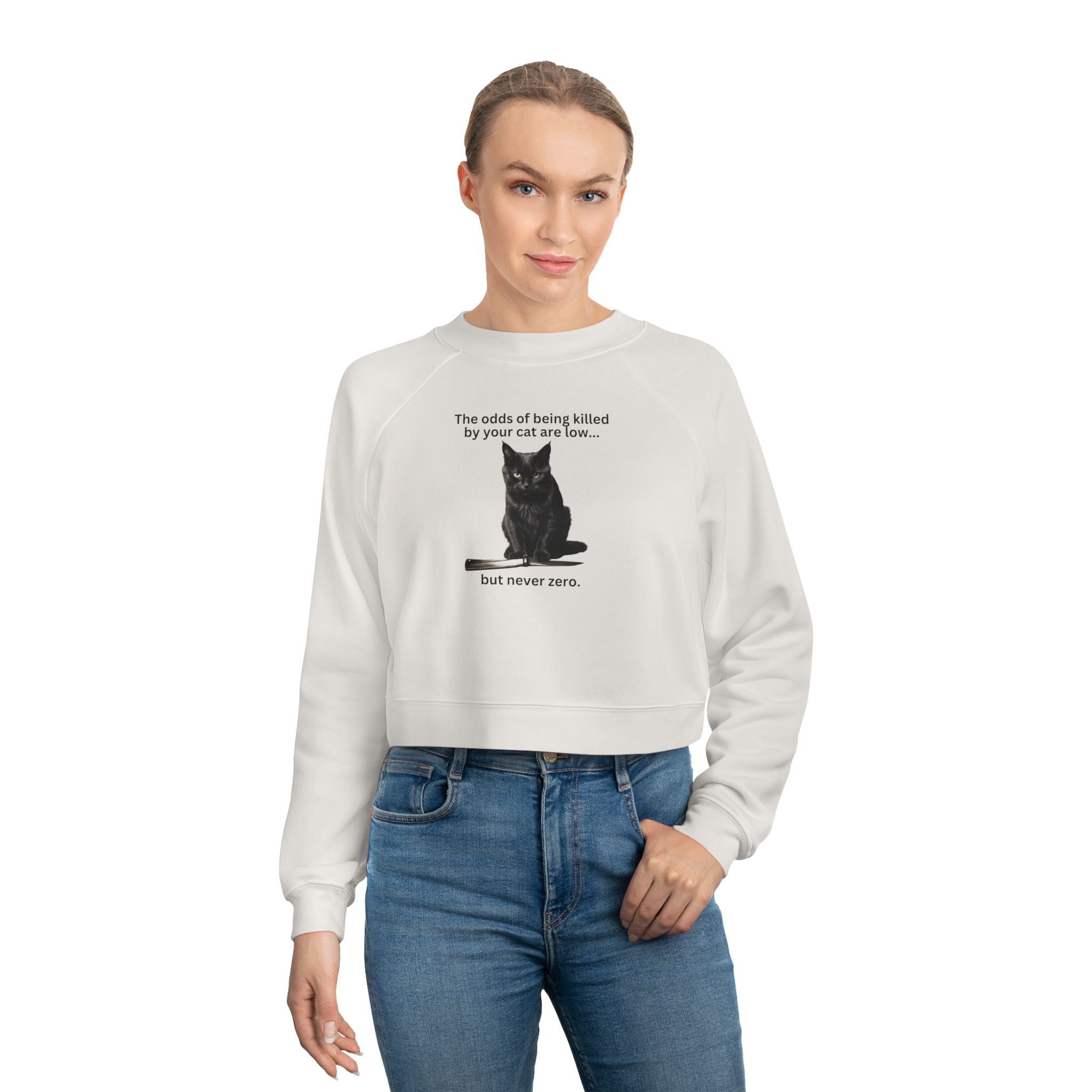Photo depicting the ​Odds Your Cat's a Killer Women's Cropped Fleece Pullover from EpiAl's Shop.