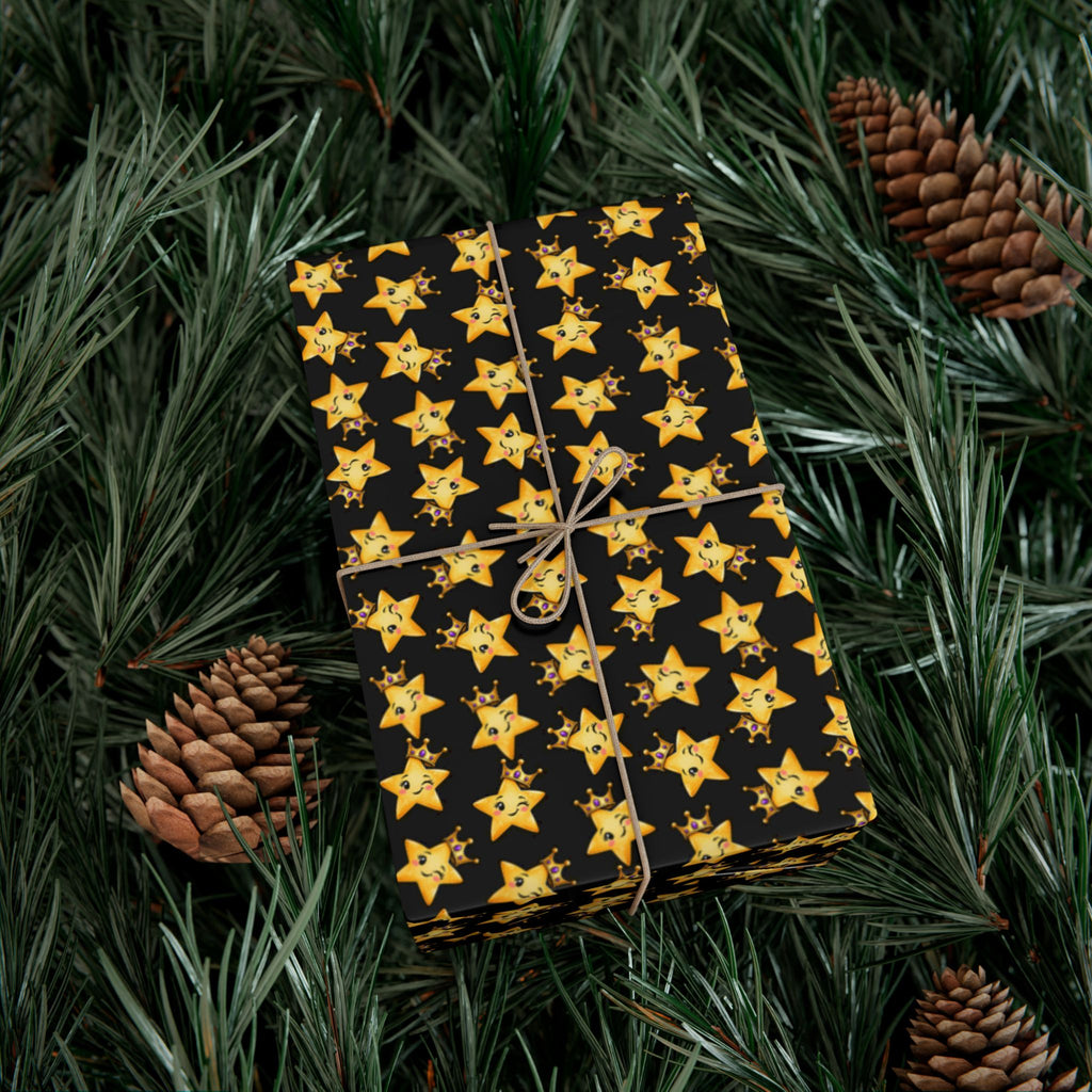 Main Character Crowned Star Wrapping Paper | Cute Black & Gold Gift Wrap