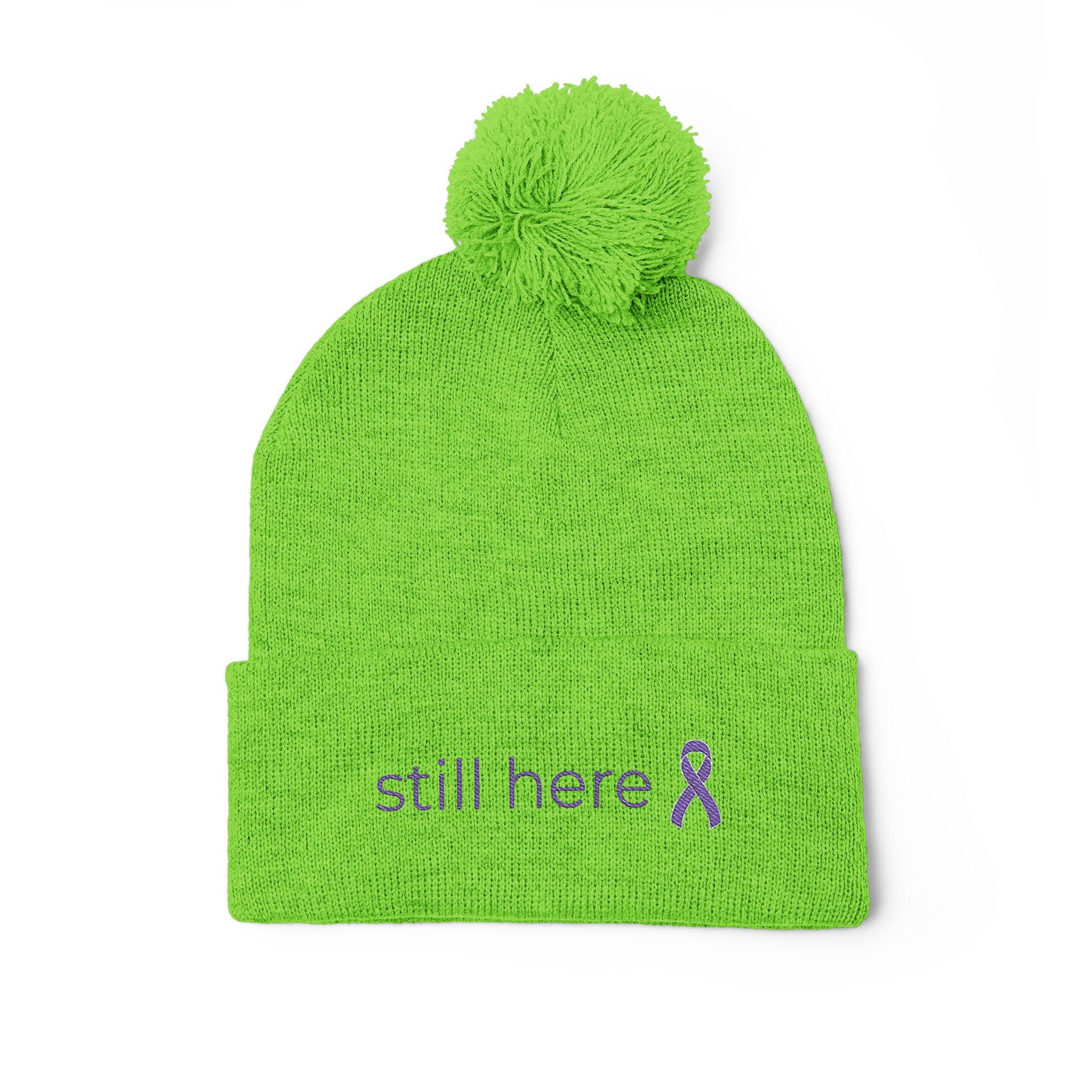 Still Here Pom-Pom Beanie – Epilepsy Awareness Knit Hat with Purple Ribbon