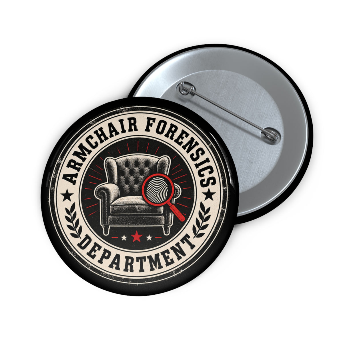 Armchair Forensics Department Pin Button | True Crime Sleuth Badge