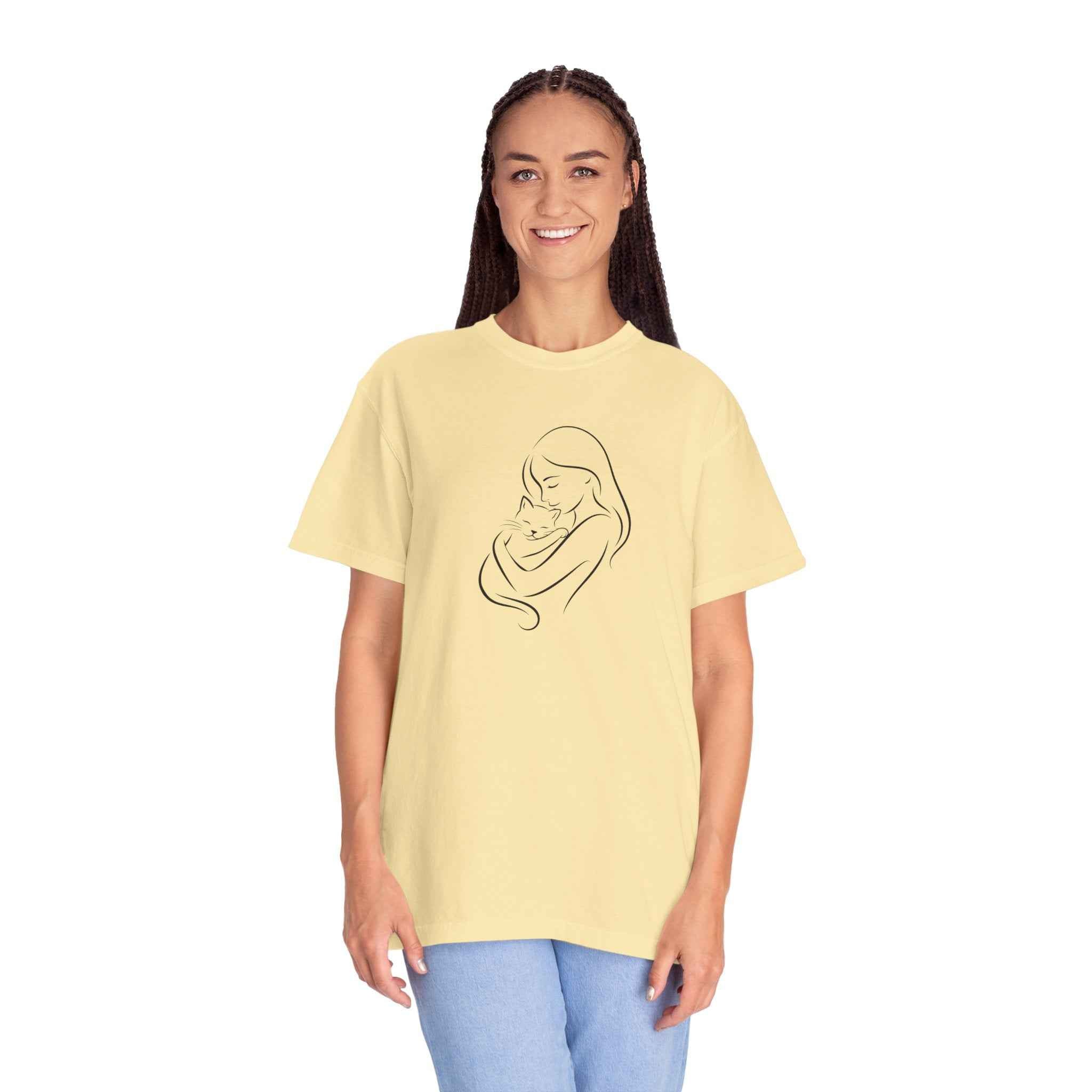 Mother & Cat Embrace T-Shirt | Minimal Line Art Cat Mom Shirt