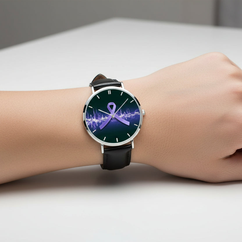 Neurostrong Purple Ribbon Watch – Unisex Stainless Steel Leather Band Timepiece