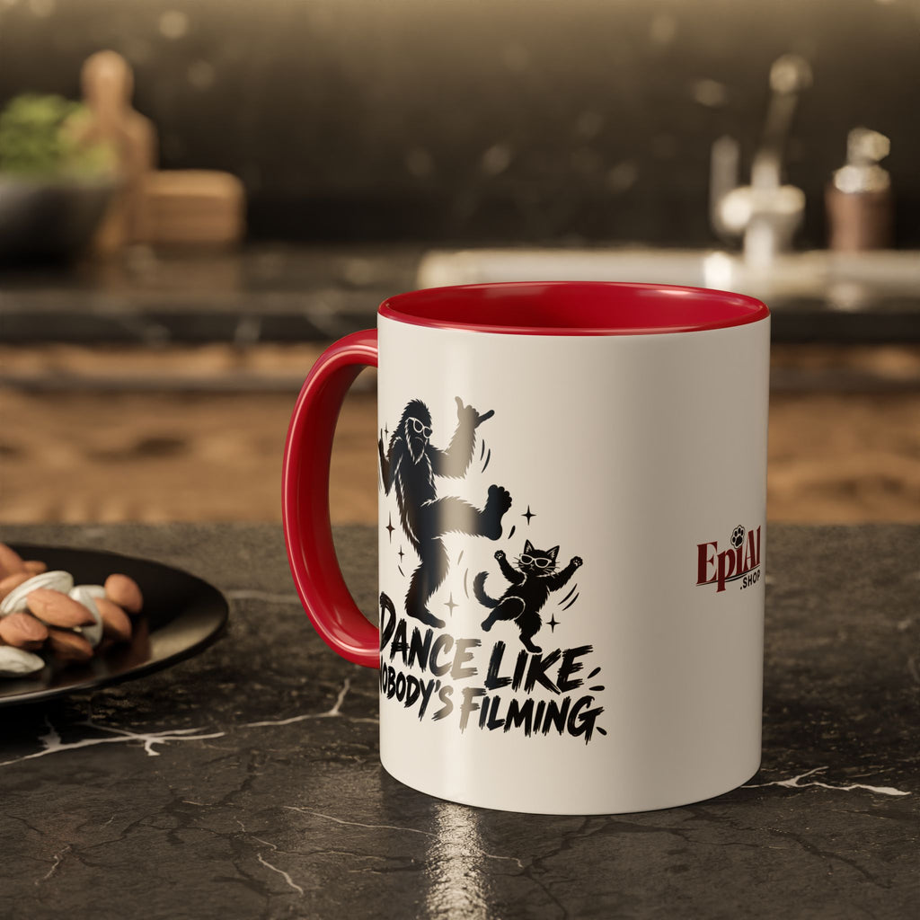 Dance Like Nobody's Filming | Funny Bigfoot & Cat Coffee Mug (11oz/15oz)