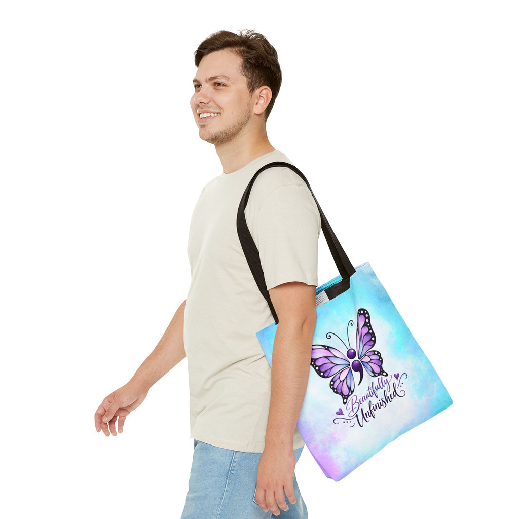 Beautifully Unfinished Semicolon Butterfly Suicide Awareness Tote Bag