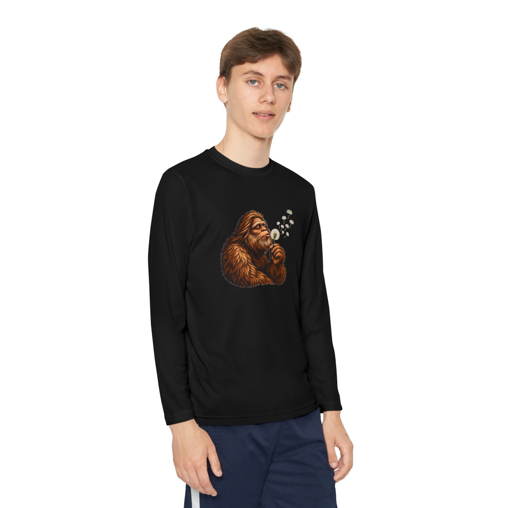 Bigfoot Blowing Dandelion Youth Long Sleeve Tee | Kids Sasquatch Shirt