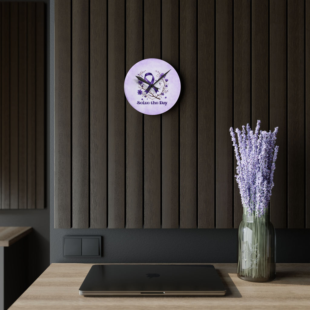 Purple Floral Seize the Day Acrylic Wall Clock