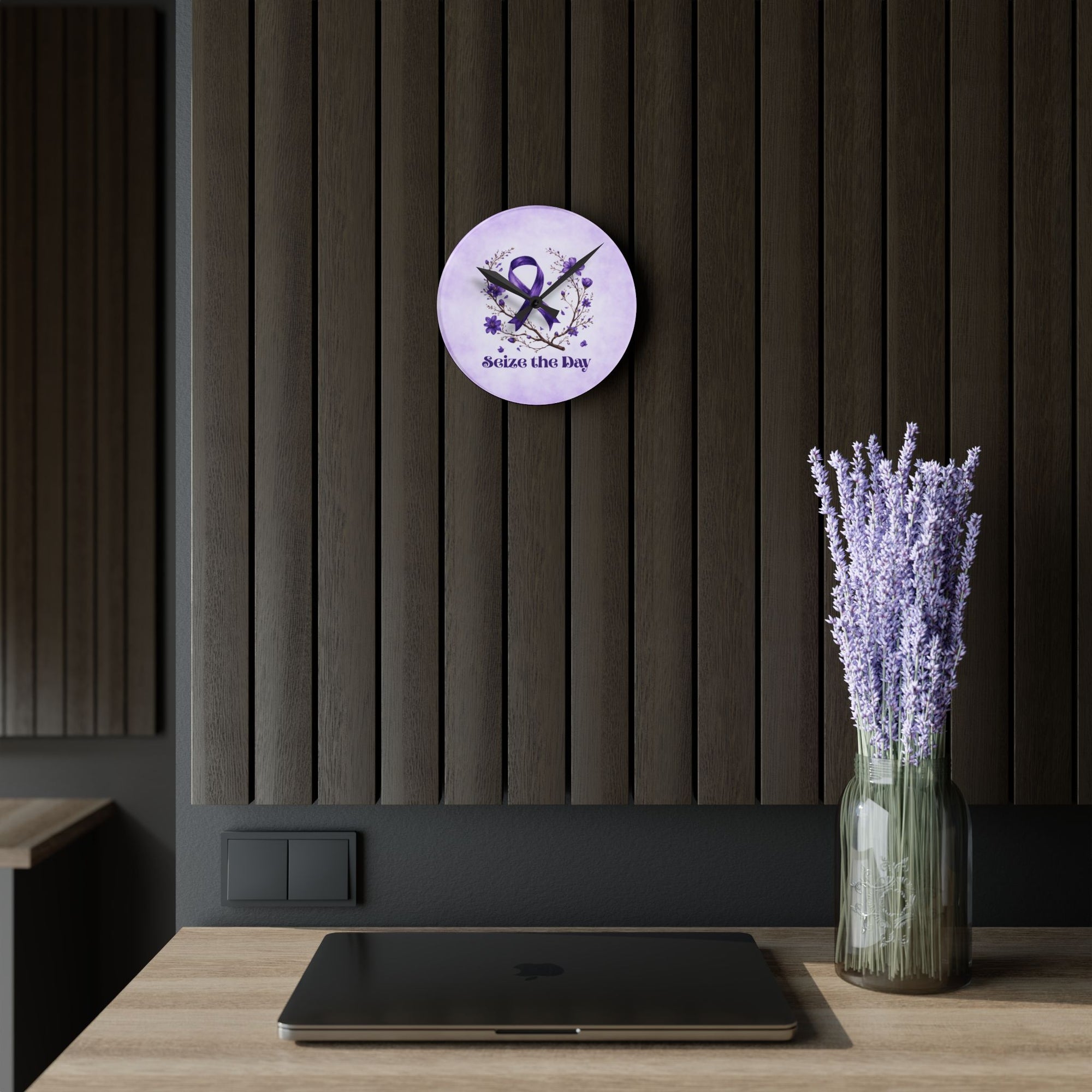 Purple Floral Seize the Day Acrylic Wall Clock
