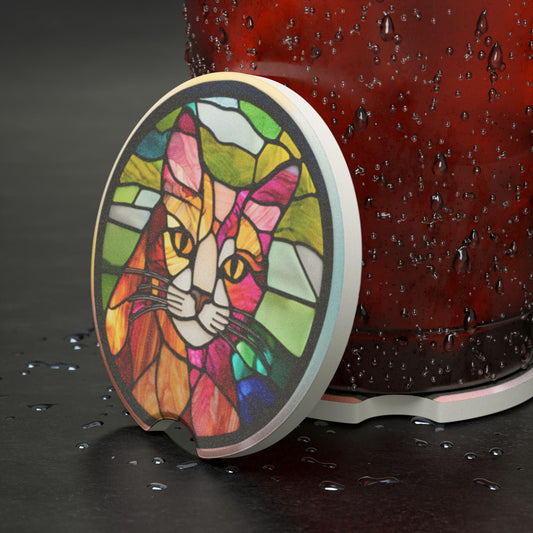 Colorful Stained Glass Cat Soapstone Car Coaster Printify