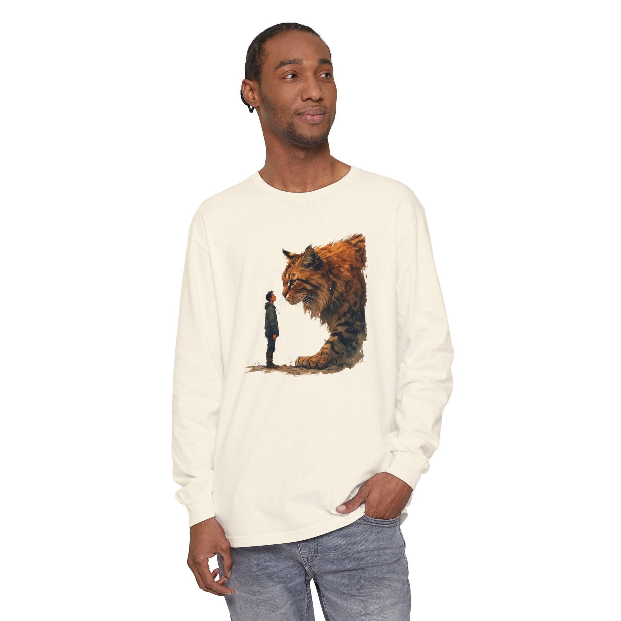 Whimsical Long Sleeve T-Shirt with Giant Cat Design