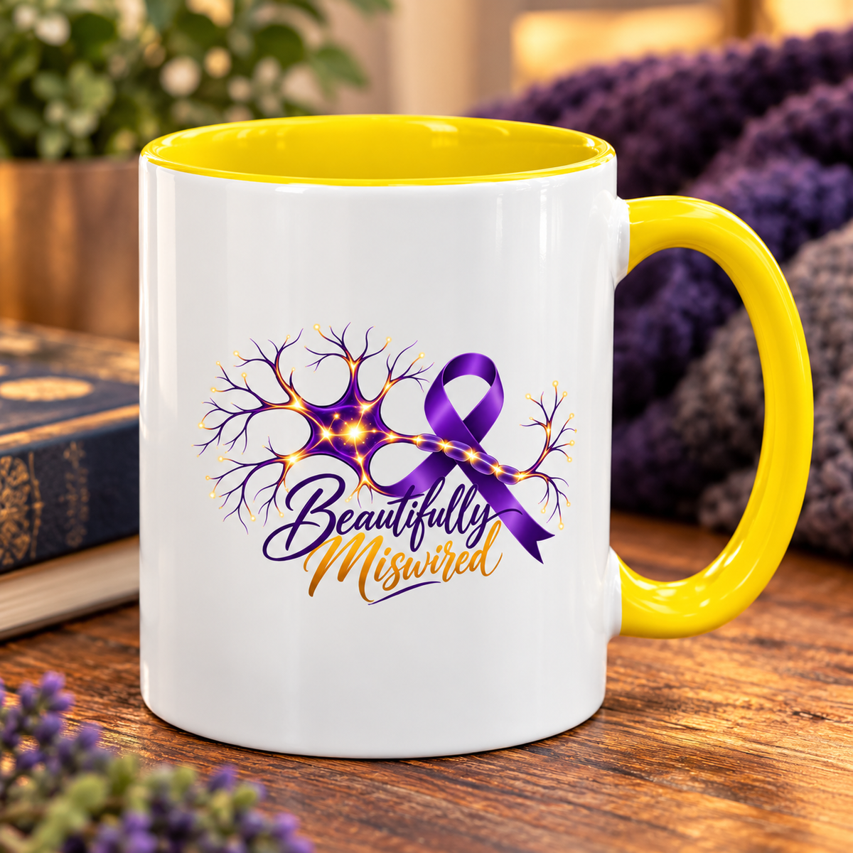 Beautifully Miswired Epilepsy Awareness Ceramic Mug | Purple Ribbon & Neuron Design (11/15oz)