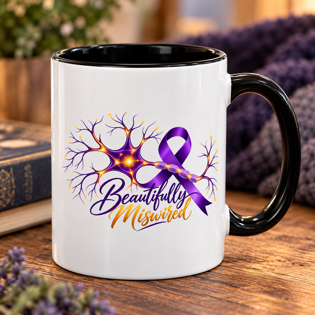 Beautifully Miswired Epilepsy Awareness Ceramic Mug | Purple Ribbon & Neuron Design (11/15oz)