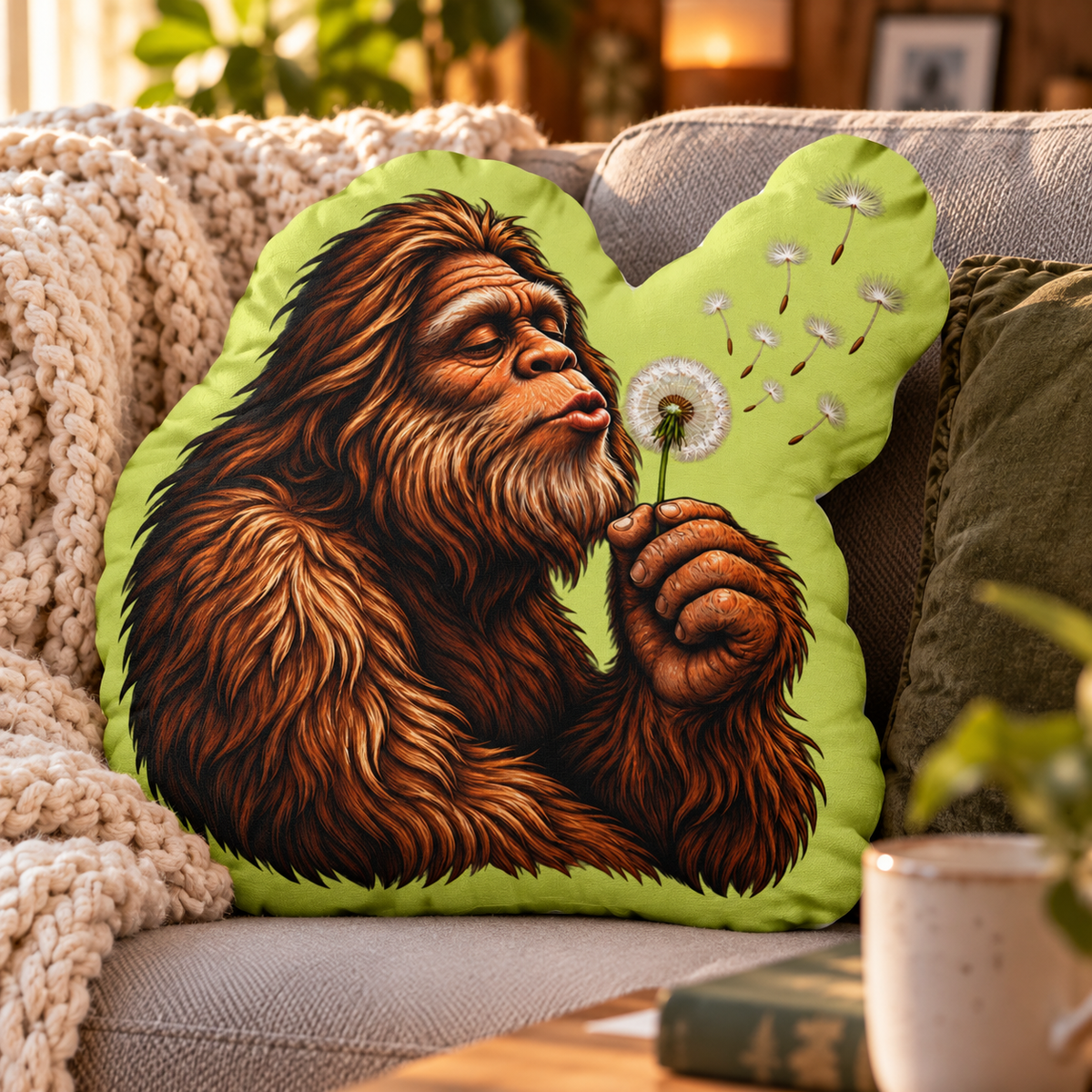 Bigfoot Dandelion Shaped Throw Pillow | Whimsical Sasquatch Decorative Cushion