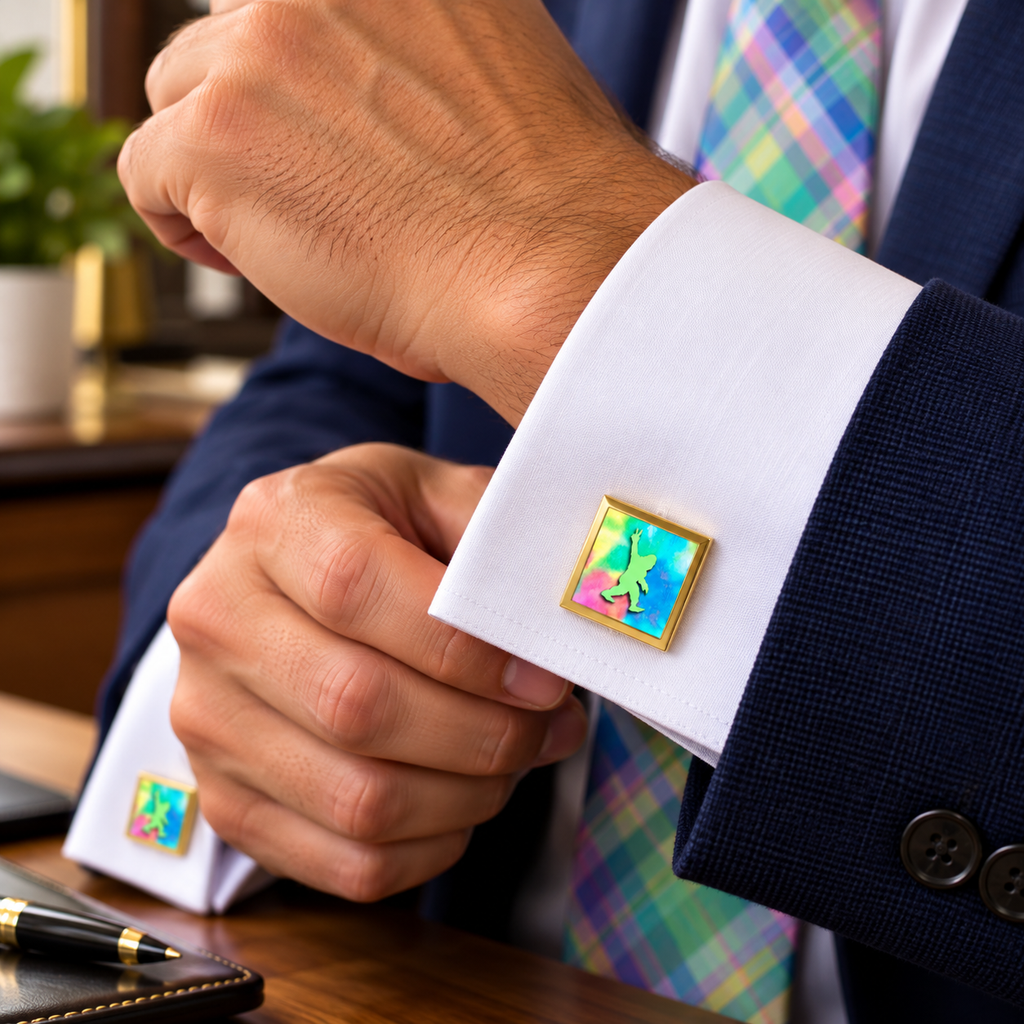 Bigfoot Peace Sign Cufflinks – Colorful Sasquatch Stainless Steel Cufflinks