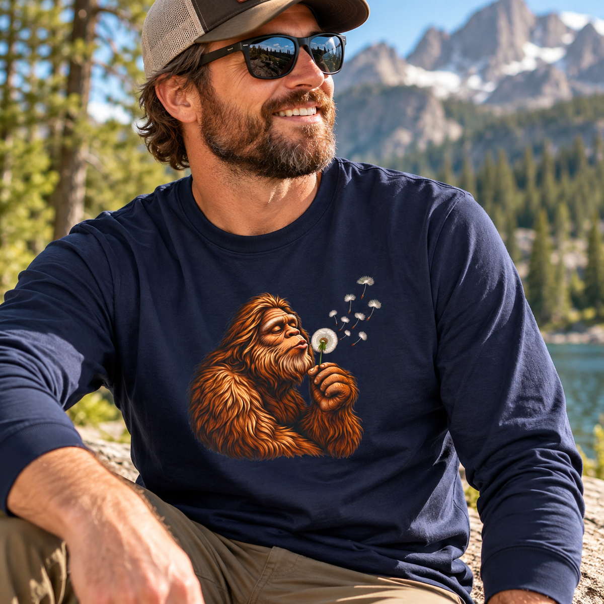 Bigfoot Blowing Dandelion Long Sleeve T-Shirt | Peaceful Sasquatch Nature Tee