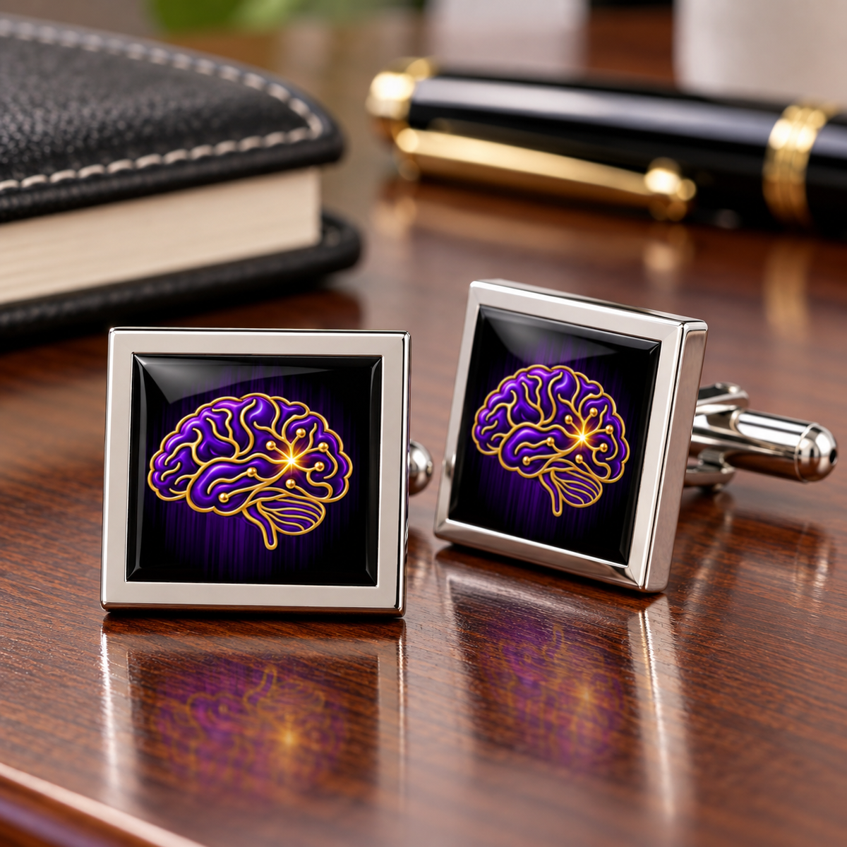 Epilepsy Awareness Cufflinks | Purple & Gold Brain Design | Stainless Steel