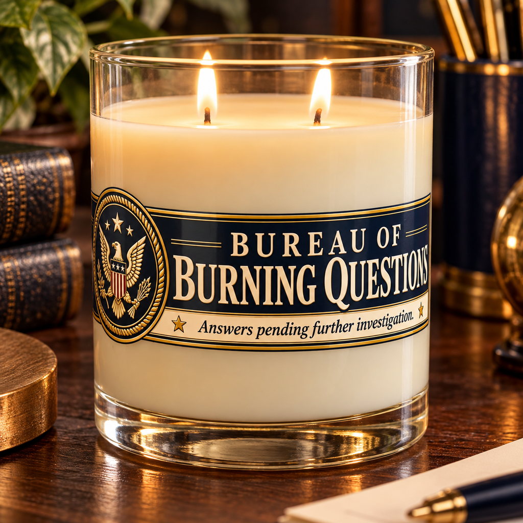 Bureau of Burning Questions Scented Soy Candle | Faux Government Seal | 65-Hour Burn