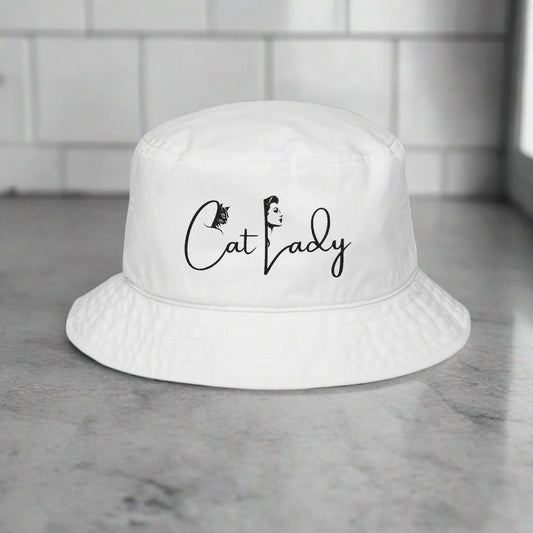 Cat Lady Bucket Hat - Embroidered White Sun Hat for Cat Lovers Printify