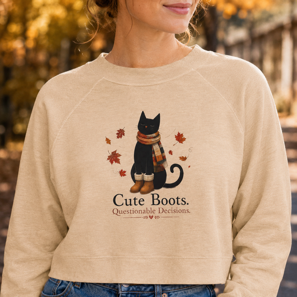 Cute Boots Questionable Decisions Cropped Sweatshirt | Funny Fall Cat Pullover