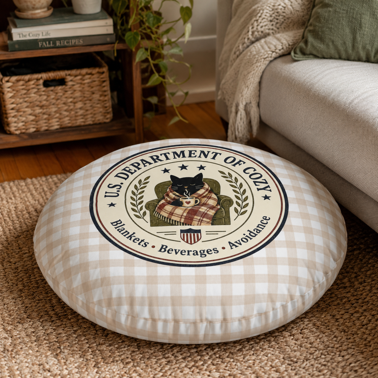 U.S. Department of Cozy Round Floor Pillow | Cozy Cat Gingham Cushion