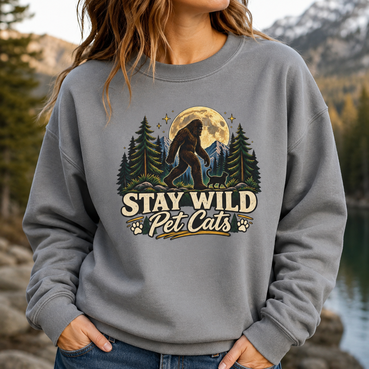 Stay Wild Pet Cats Sasquatch Crewneck Sweatshirt