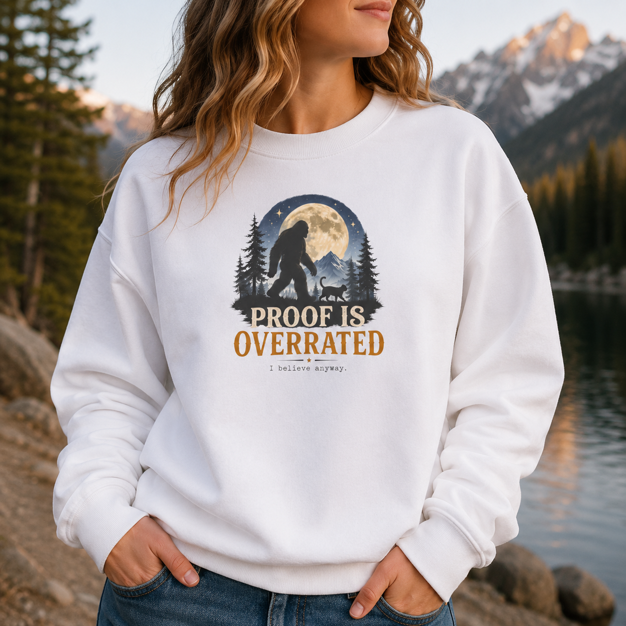 Proof Is Overrated Sasquatch & Cat Crewneck Sweatshirt