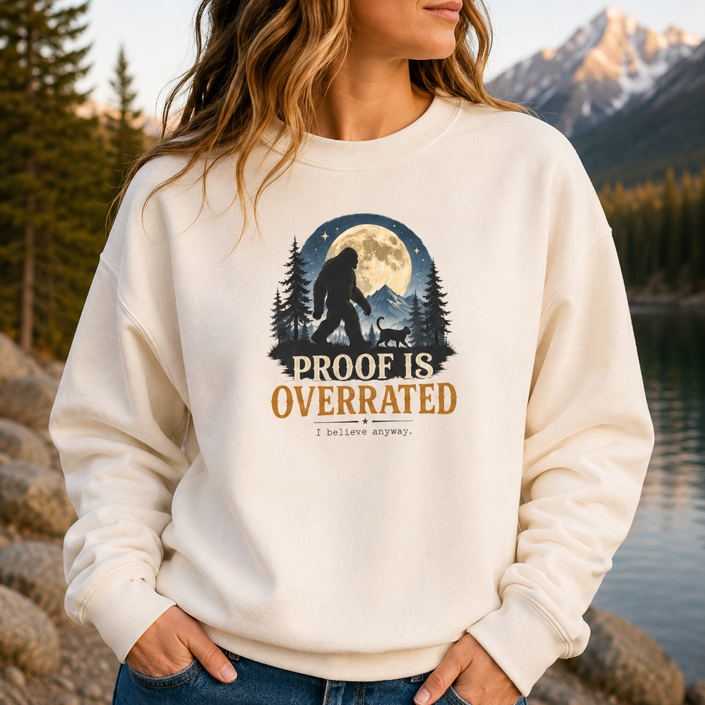 Proof Is Overrated Sasquatch & Cat Crewneck Sweatshirt