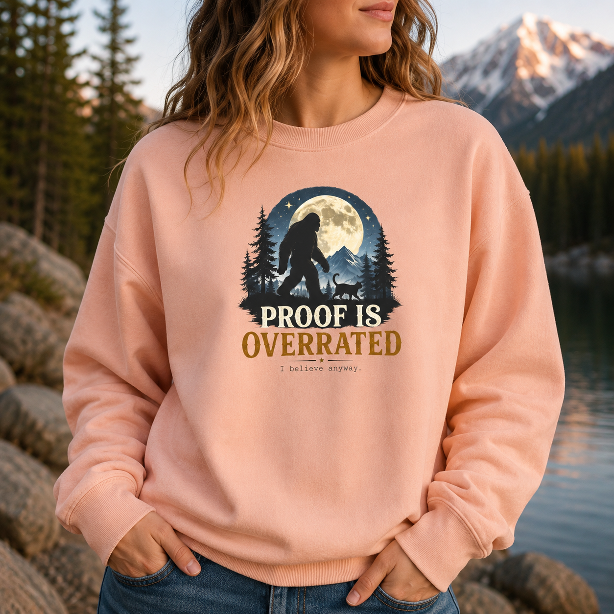 Proof Is Overrated Sasquatch & Cat Crewneck Sweatshirt
