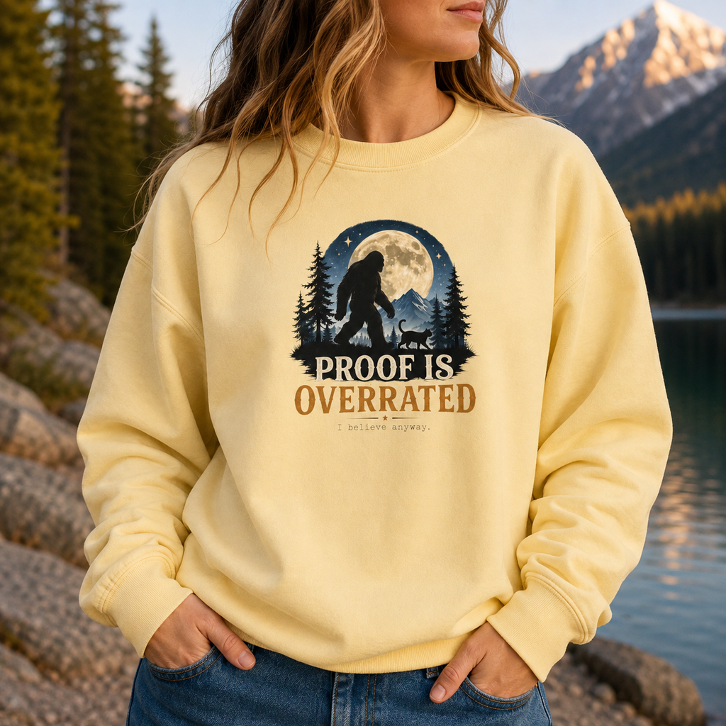 Proof Is Overrated Sasquatch & Cat Crewneck Sweatshirt
