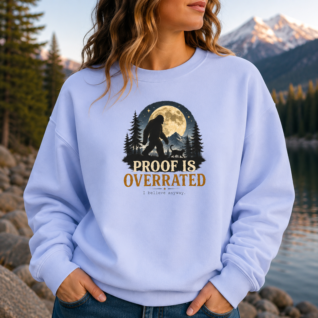 Proof Is Overrated Sasquatch & Cat Crewneck Sweatshirt