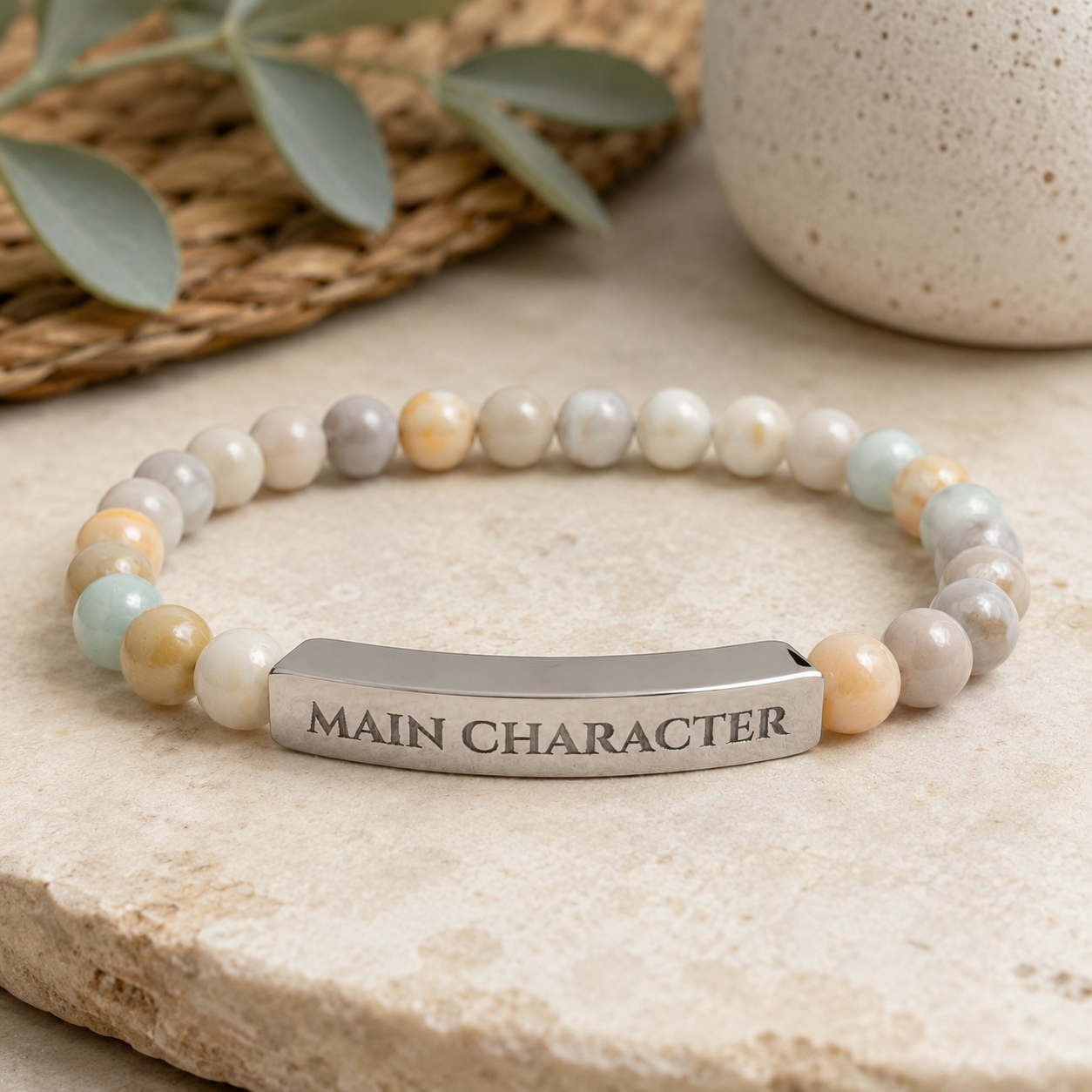 Main Character Natural Stone Engraved Bar Bracelet