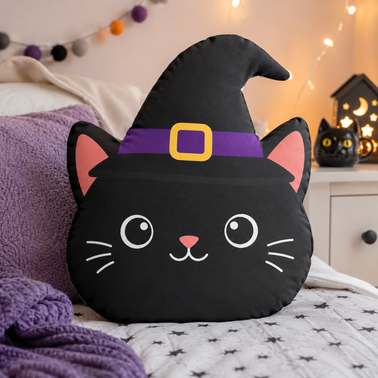 Kids Black Cat Witch Halloween Shaped Pillow | Double-Sided Plush Accent Pillow