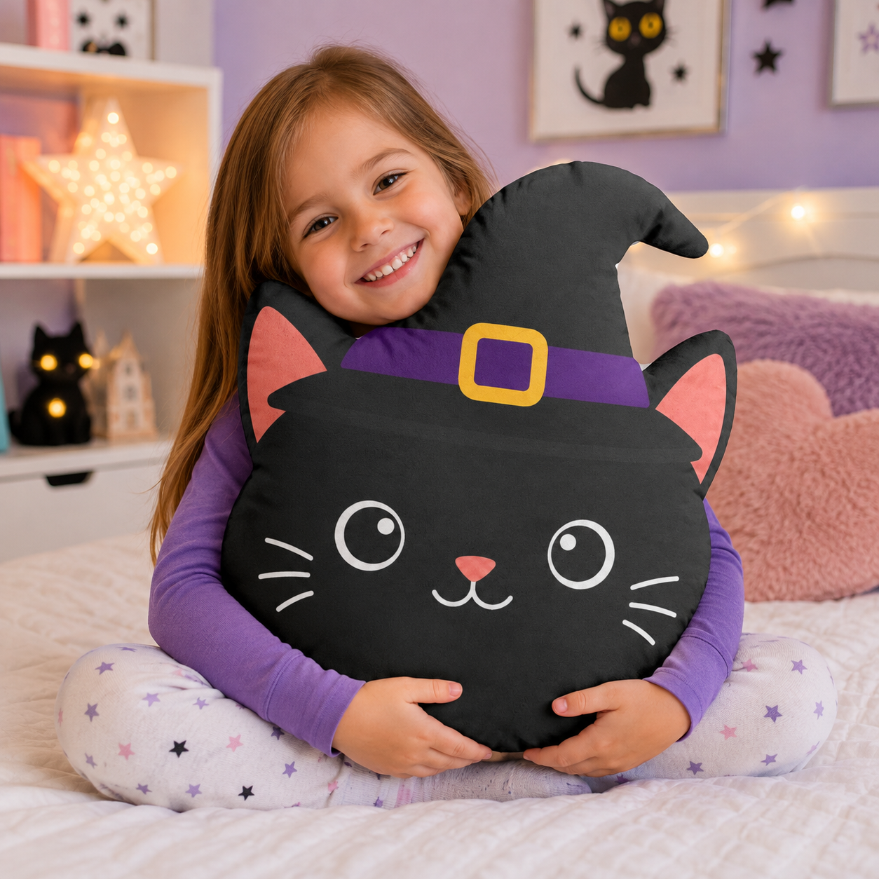 Kids Black Cat Witch Halloween Shaped Pillow | Double-Sided Plush Accent Pillow