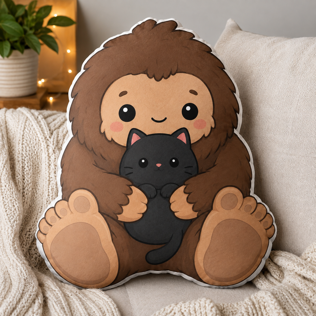 Baby Bigfoot & Black Cat Shaped Pillow | Woodland Sasquatch Cat Decor