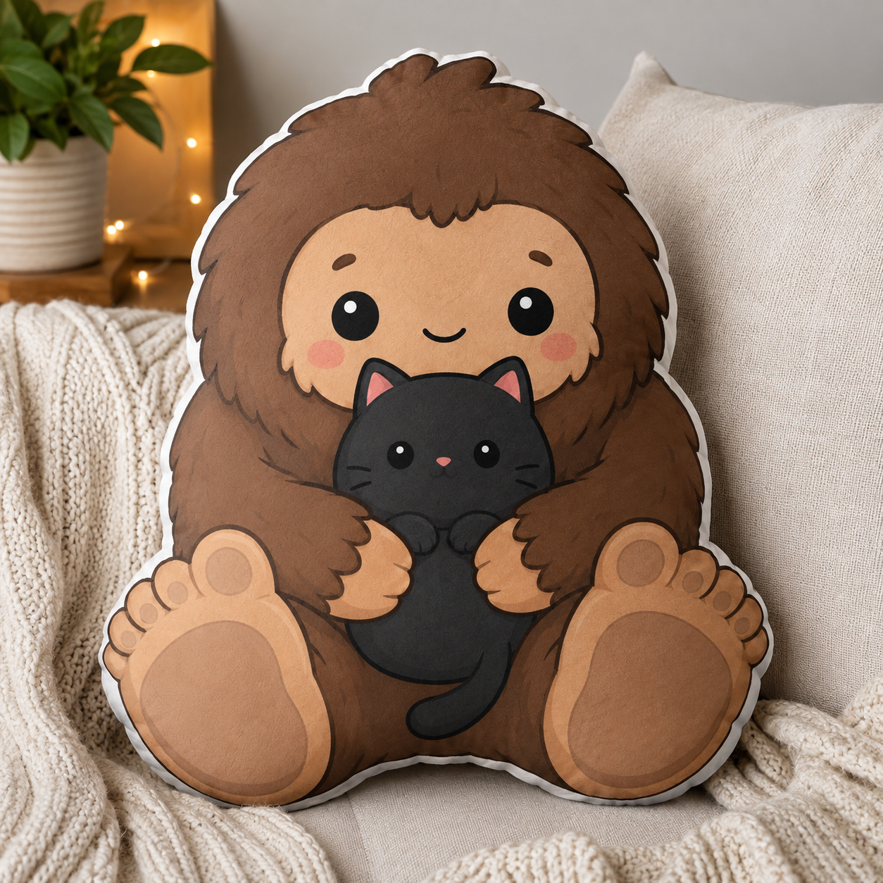 Baby Bigfoot & Black Cat Shaped Pillow | Woodland Sasquatch Cat Decor