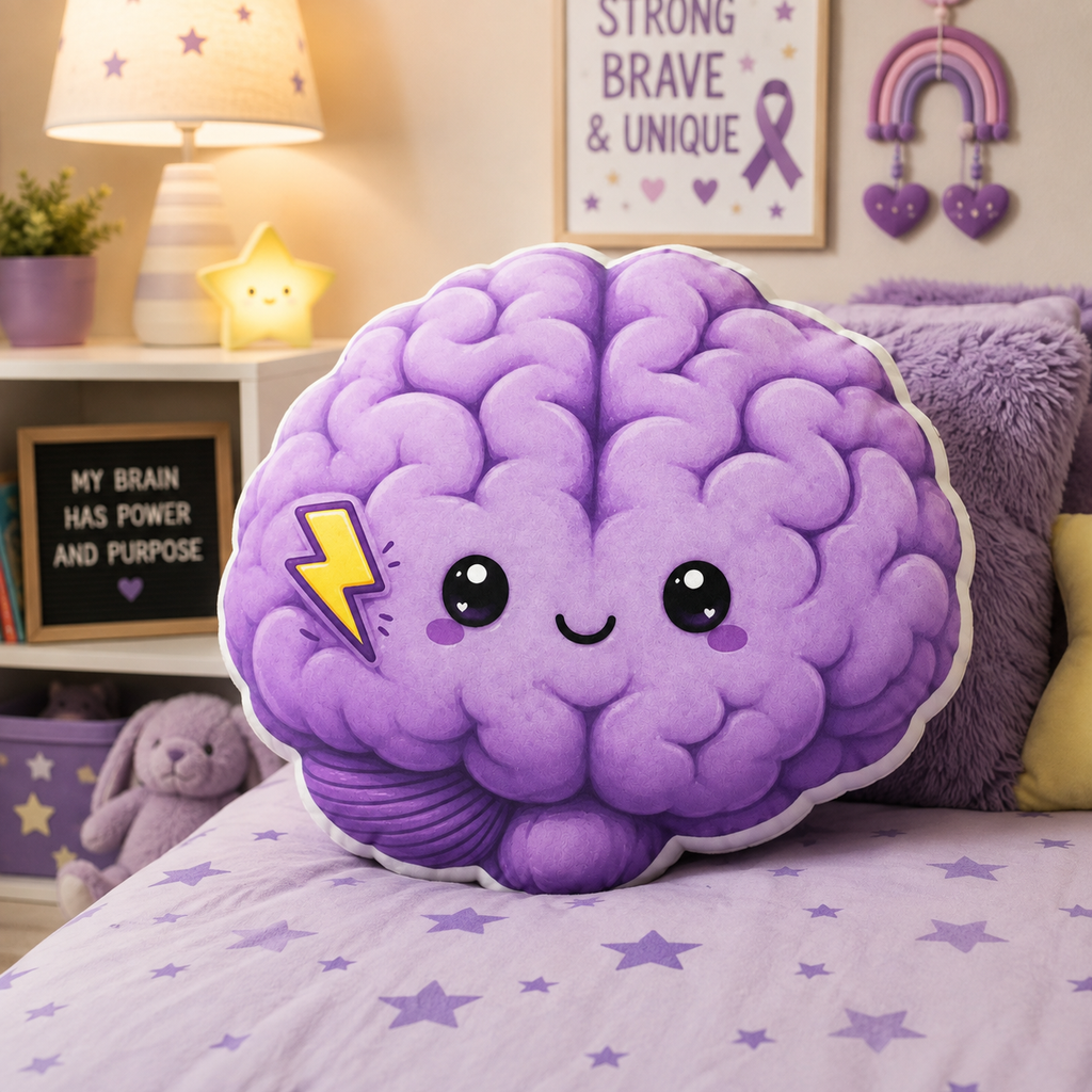 Little Spark Purple Brain Shaped Pillow | Kids Epilepsy Awareness Plush Cushion