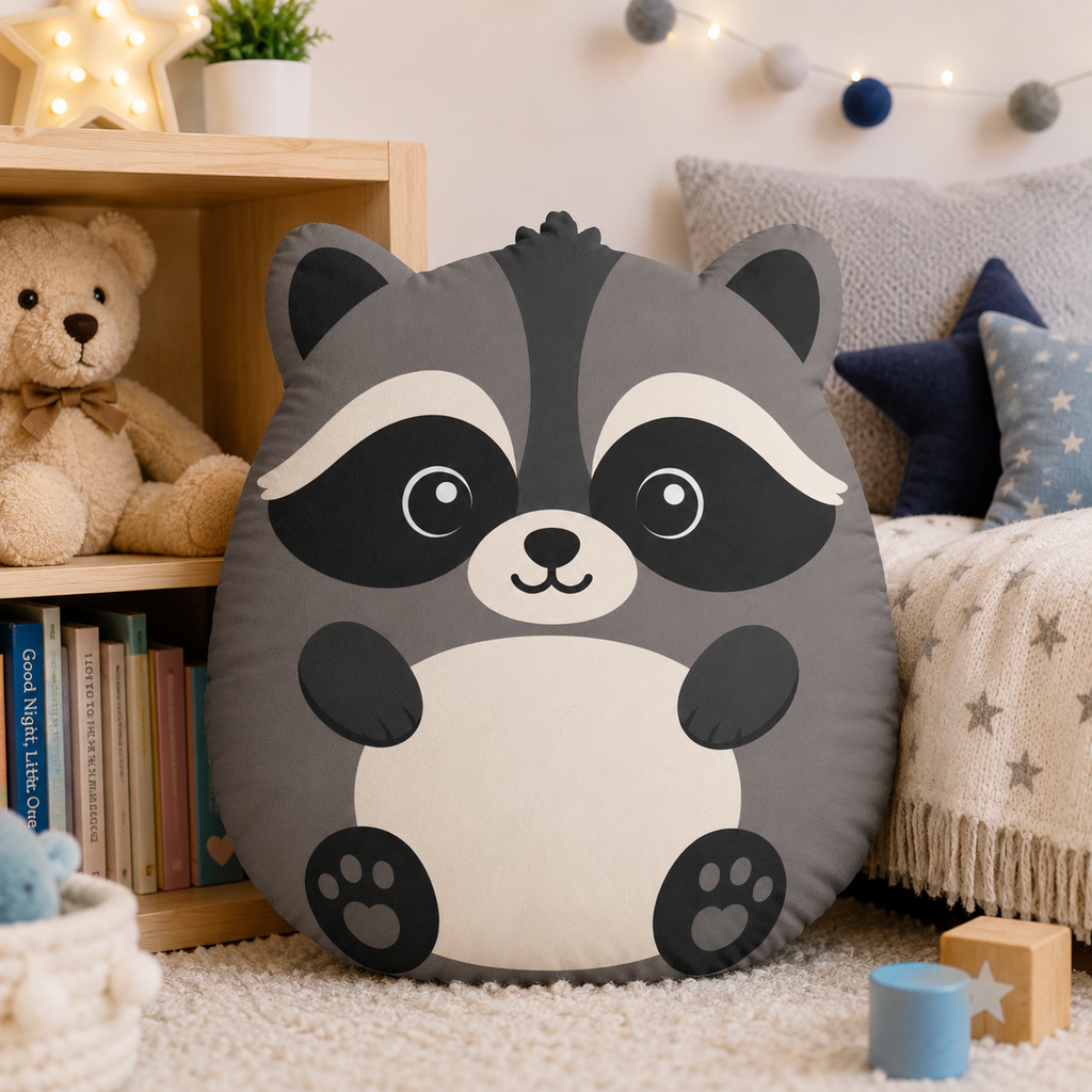 Stubby Woodland Raccoon Shaped Pillow | Kids Double-Sided Plush Cushion