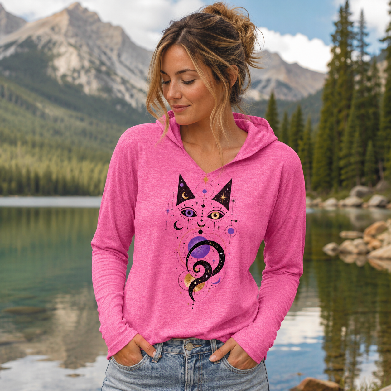 Celestial Cat Women’s Lightweight Hoodie Tee | Mystical Cosmic Cat Tri-Blend V-Neck Hooded Shirt