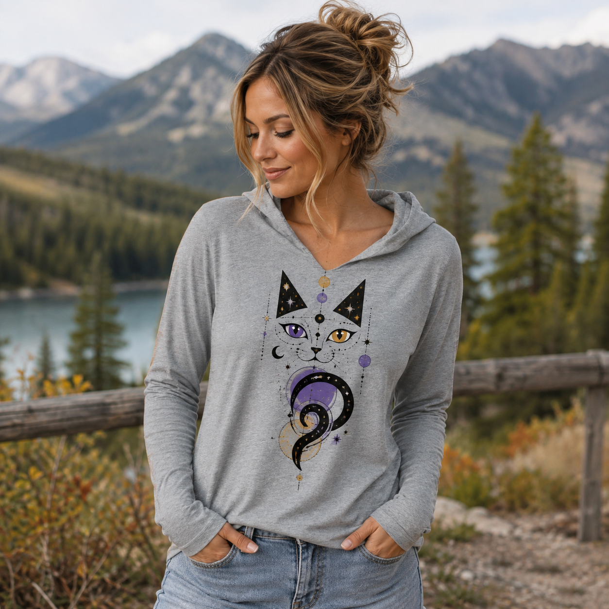 Celestial Cat Women’s Lightweight Hoodie Tee | Mystical Cosmic Cat Tri-Blend V-Neck Hooded Shirt
