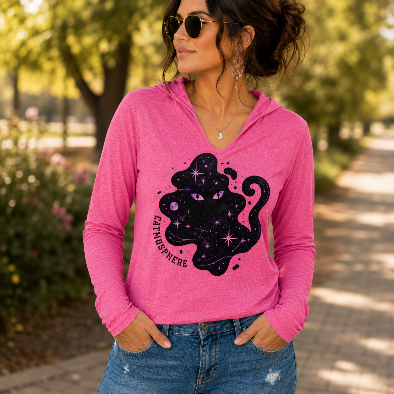 Catmosphere Cosmic Cat Hooded T-Shirt | Celestial Cat Graphic Lightweight Hoodie