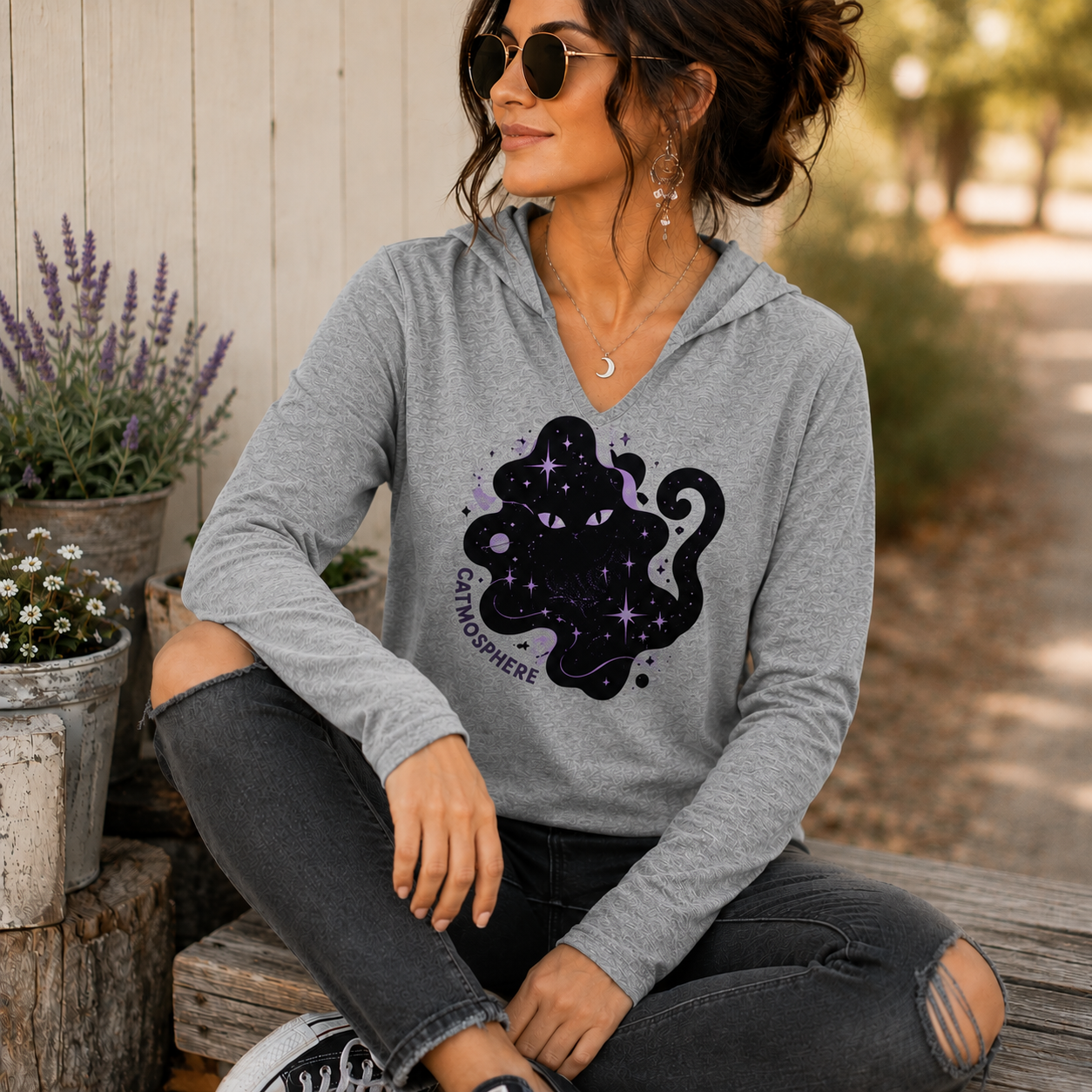 Catmosphere Cosmic Cat Hooded T-Shirt | Celestial Cat Graphic Lightweight Hoodie