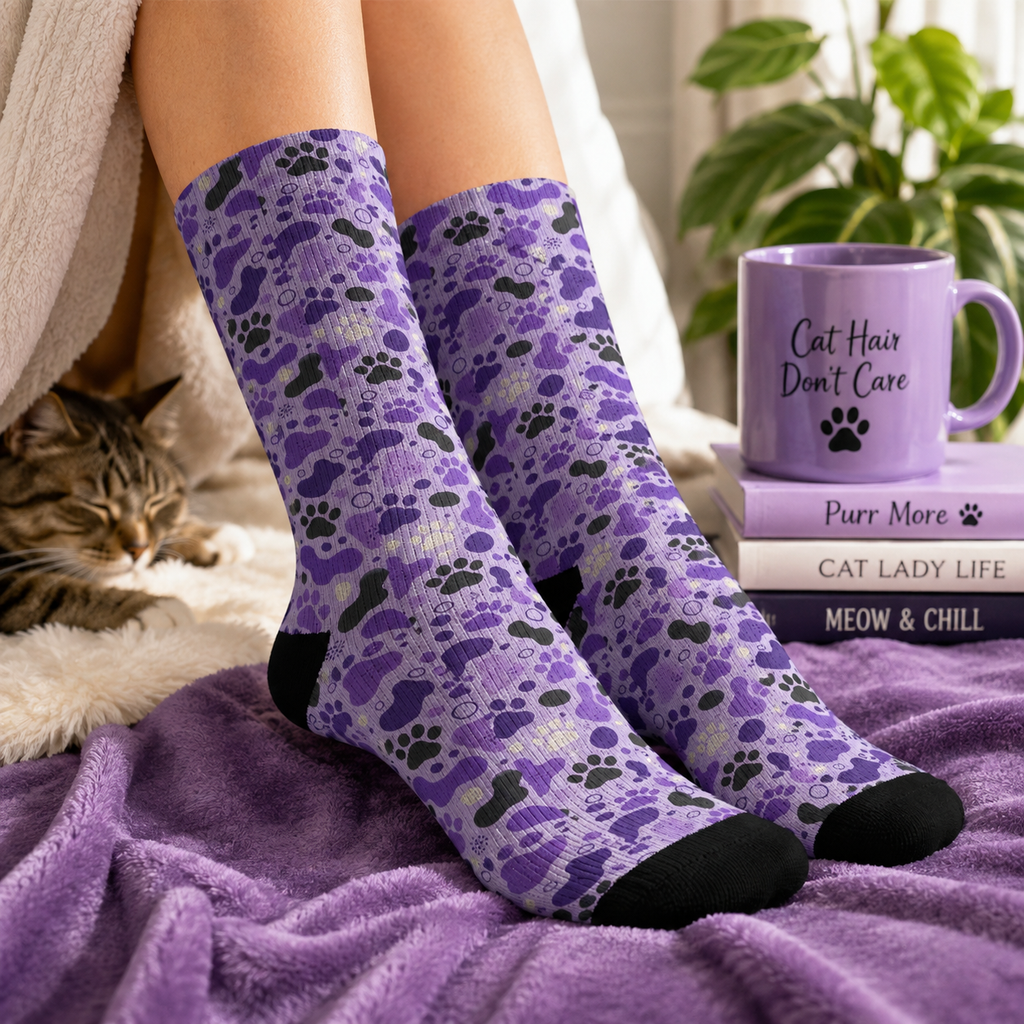 Purple Paws Cat Lover Crew Socks for Cat Ladies