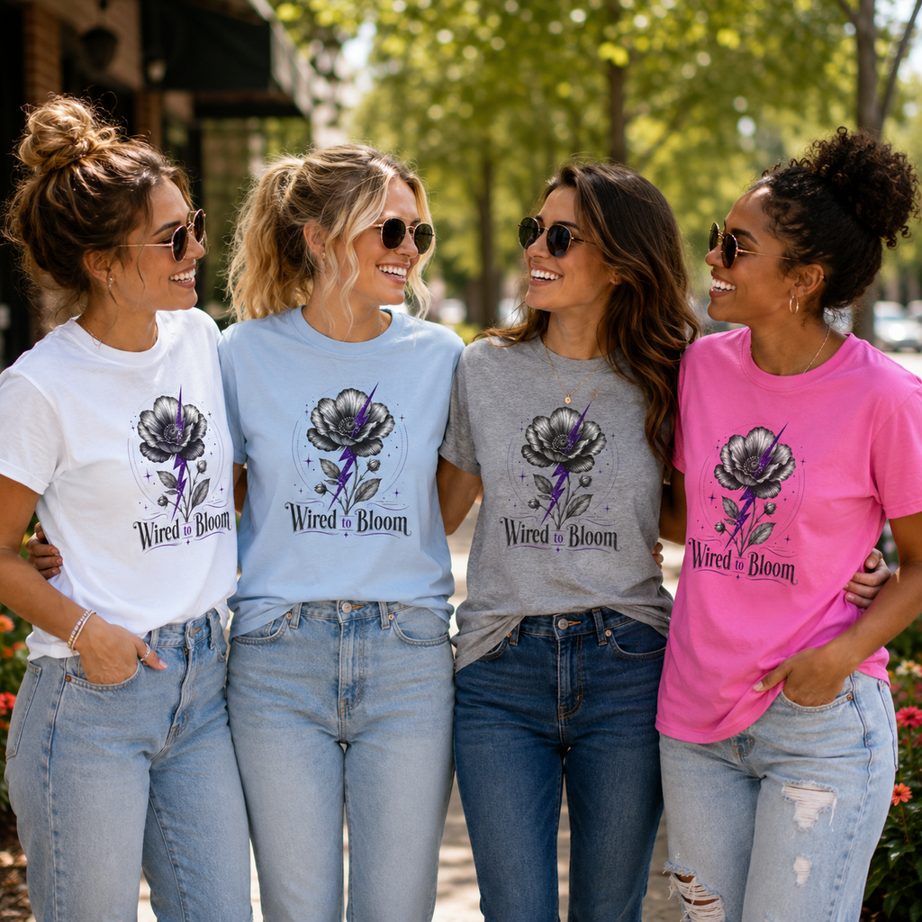 Wired to Bloom Epilepsy Awareness T-Shirt | Subtle Purple Lightning Floral Tee