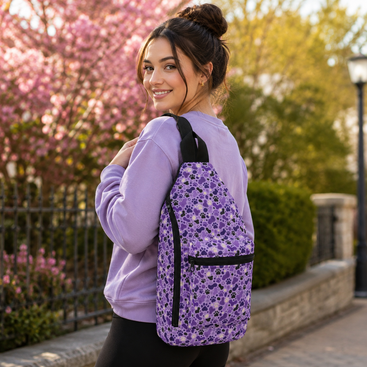 Purple Cat Paw Sling Bag | Abstract Paw Print Crossbody Backpack